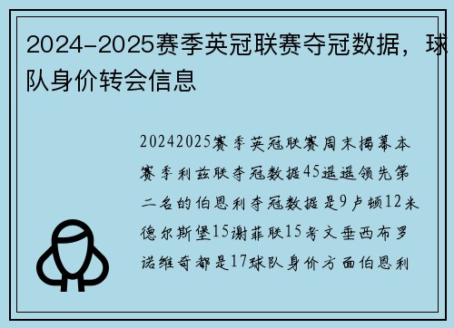 2024-2025赛季英冠联赛夺冠数据，球队身价转会信息